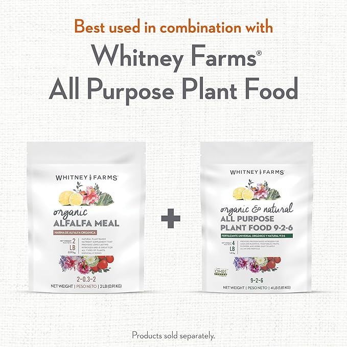 Whitney Farms Organic Alfalfa Meal 2-0.3.2 - Slow-Release Nitrogen Fertilizer and Soil Enhancer for Vegetables, Flowers, Roses, Herbs, and Shrubs, 2 lb.
