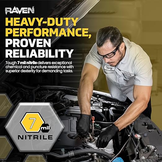SAS Raven Powder Free Nitrile Disposable Gloves - 10 Boxes / 100 Ea. | 1000 Gloves Total |7 Mil - Sm | Latex Free, Chemical + Puncture Resistant, Textured Grip, Single Use | 66516, Black, Small