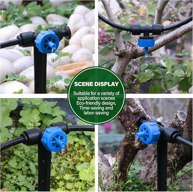 Kalolary 30Pcs Push-to-Fit Drip Irrigation Emitters 1 GPH Pressure Compensating Drippers with Constant Water Flow Drip Irrigation System Parts for 1/4 Inch Irrigation Tubing with 6PCS End Plugs (Blue)