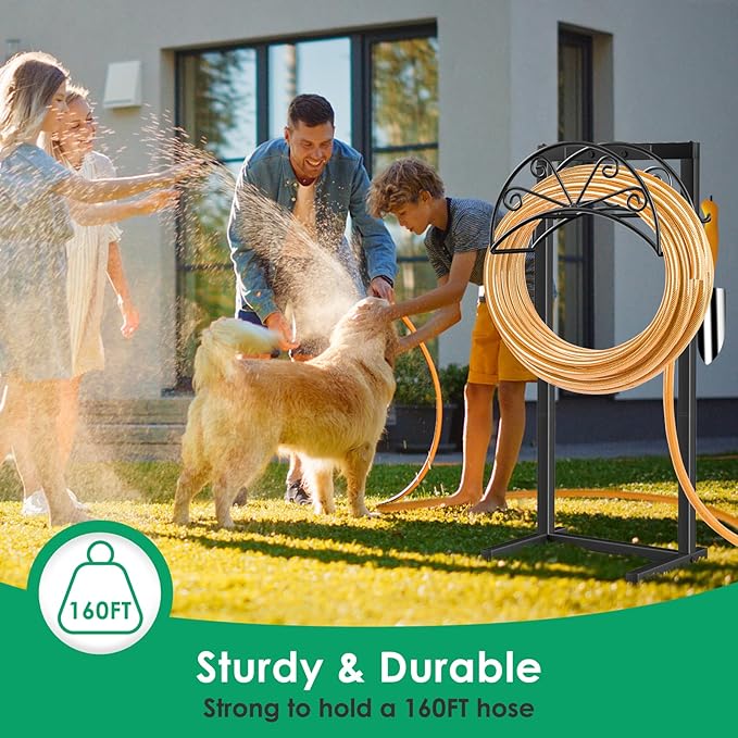 TomCare Garden Hose Holder Heavy Duty Water Hose Holder Holds 160 FT Hoses 4 Spikes Hose Reel Freestanding Hose Hanger Sturdy Hose Storage Stand for Outside Yard Lawn