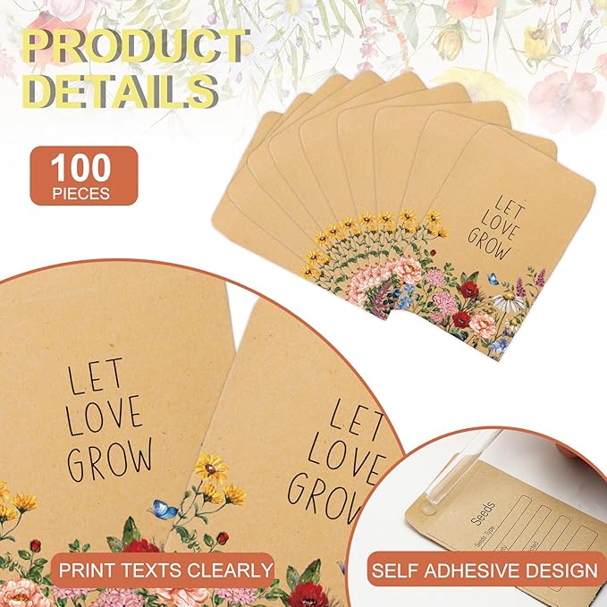 100Pcs Wildflower Seed Packets Let Love Grow Self-Adhesive Kraft Envelopes Rustic Floral Seed Storage Pockets for Garden Office Party Favors Supplies, 3.15 x 2.4 Inch