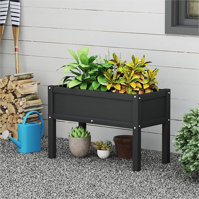 Small HDPE Raised Garden Bed, Elevated Planter Box with Legs, Outdoor All-Weather Planter Raised Beds for Seeds, Herbs, Flowers, Vegetables (Black)