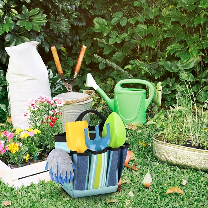 Garden Tool Bag Waterproof Gardening Hand Tool Storage Bag Heavy Duty Oxford Tote Organizer Bag with 8 Pockets, Garden Utensil Handbag for Women Men (Blue)