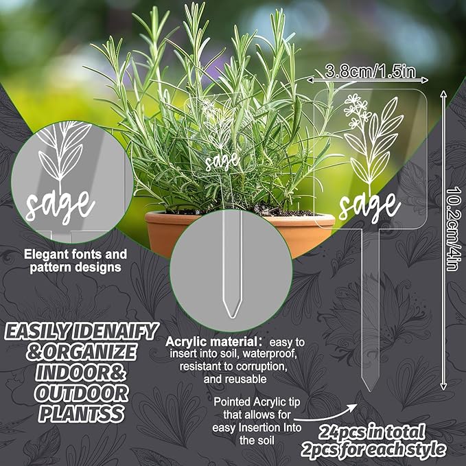 Whaline 24Pcs Acrylic Plant Label Signs 12 Styles Planted Herb Garden Markers Transparent Waterproof Plant Stake Tags with Herb Names for Nursery Indoor Outdoor Garden Decoration