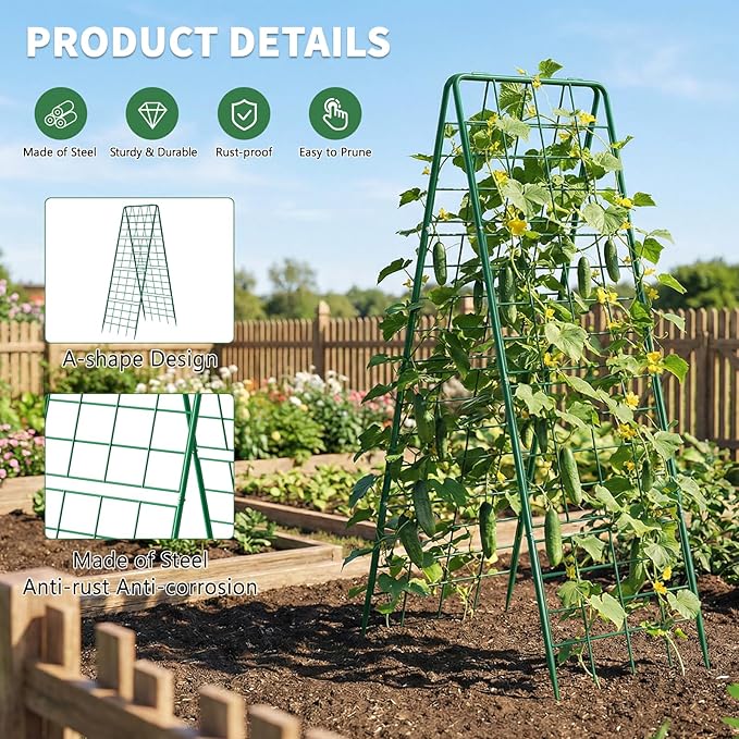 2 Pack Cucumber Trellis, 59" High Foldable A-Frame Garden Trellis for Raised Bed Garden Grow Support with Plant Support Clips Ties for Cucumber,Tomato, Climbing Plants and Flowers