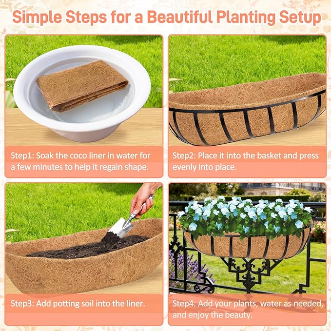 2 Pack 48 Inch Trough Coconut Liners for Planters- Natural Coco Liner Window Box Liners Replacement, Coconut Fiber Planter Liner for Outdoor Flower Planters, Deck Railings, Fence and Balcony