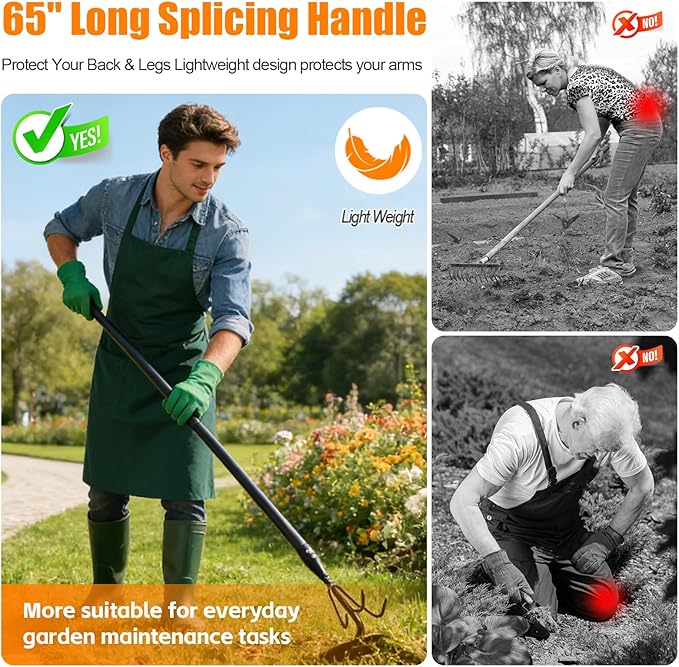 52" Heavy Duty 2-in-1 Hoe & Tiller Rake Garden Tool, 3-Tine Cultivator for Weeding and Soil Loosening, Long Handle Stand Up Digging Tool for Gardening and Planting
