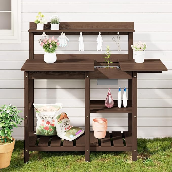 SERWALL Outdoor Potting Bench 2-Piece Set, Rot-Resistant HDPE Potting Table with Removable Sink for Outside Gardening, All-Weather Use - Coffee