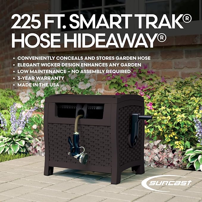Suncast Hose Reel with Smart Trak Hose Guide, Water-Tight Connection, Durable Resin Construction, 225' Hose Capacity, Brown, Made in the USA