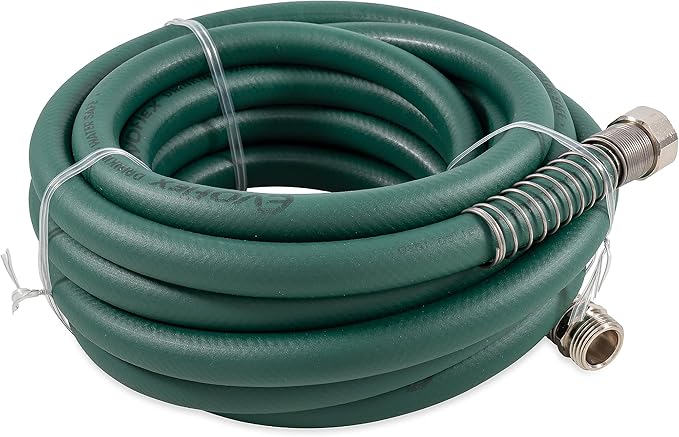 Camco EvoFlex 25-Ft Water Hose - RV Drinking Water Hose Contains No Lead, No BPA & No Phthalate - Flexible Design w/Stainless Steel Strain Relief Ends - 5/8” Inside Diameter, Green22581)