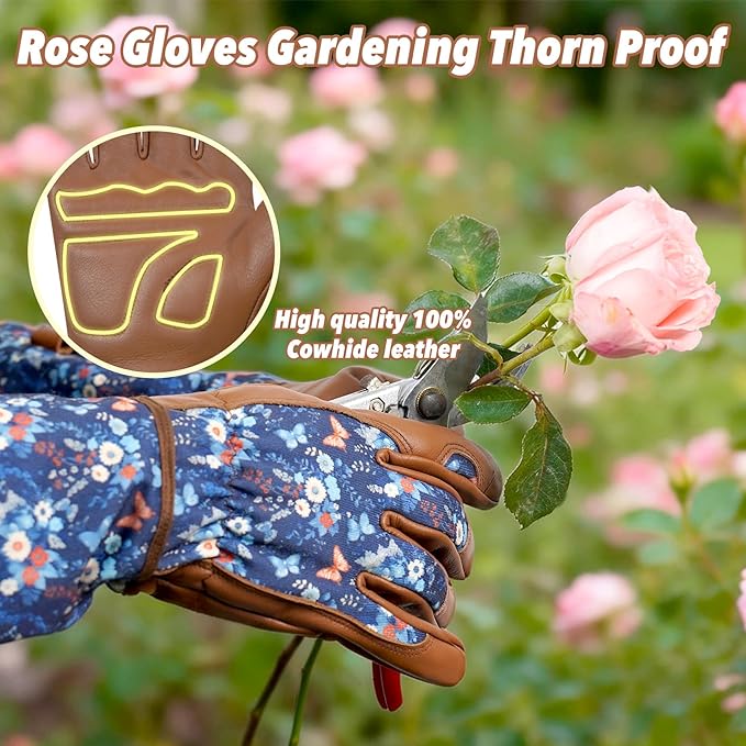 DLY Gardening Gloves for Women, Rose Gloves Thorn Proof, Long Garden Gloves for Women, Breathable Cowhide (Small, Brown)