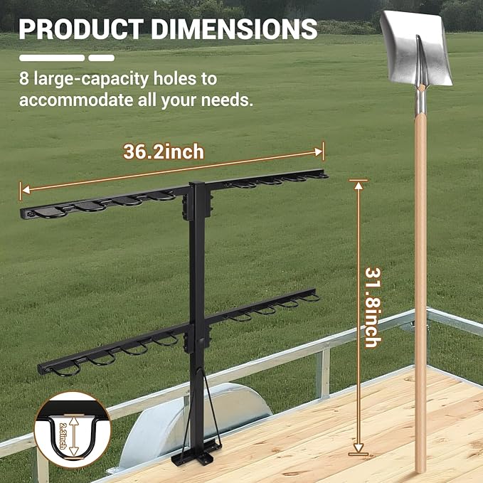Upgraded Utility Trailer Accessories Trailer Tool Rack with 8 Tool Holes, Heavy-Duty Landscape Accessories Reinforced Base Shovel Holder Handle Tool Rack for Truck