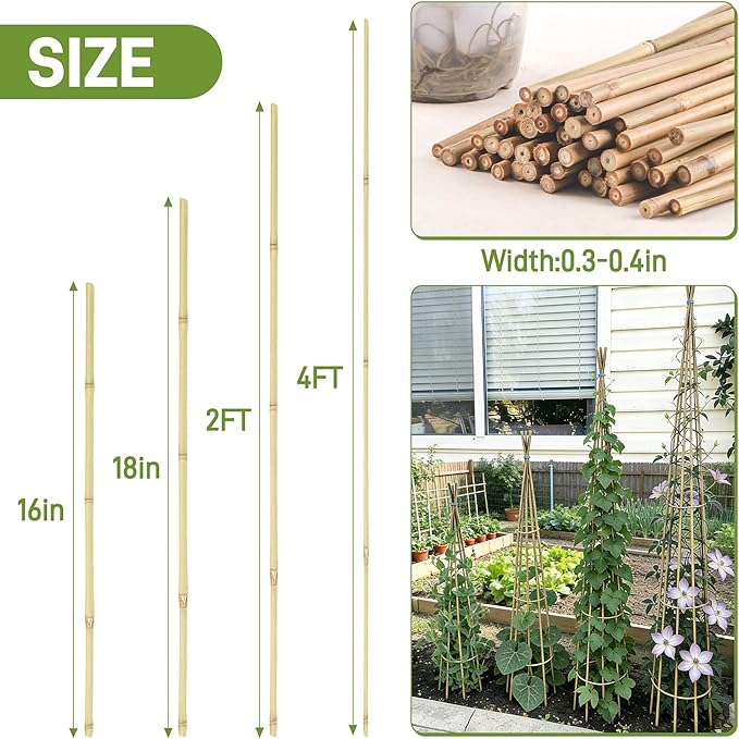 0.32”-0.4"/18Inch Garden Stakes, Natural Bamboo Sticks Plant Stakes for Indoor and Outdoor Plants，Poles for Tomatoes, Beans, Potted Plants(50Pcs)…