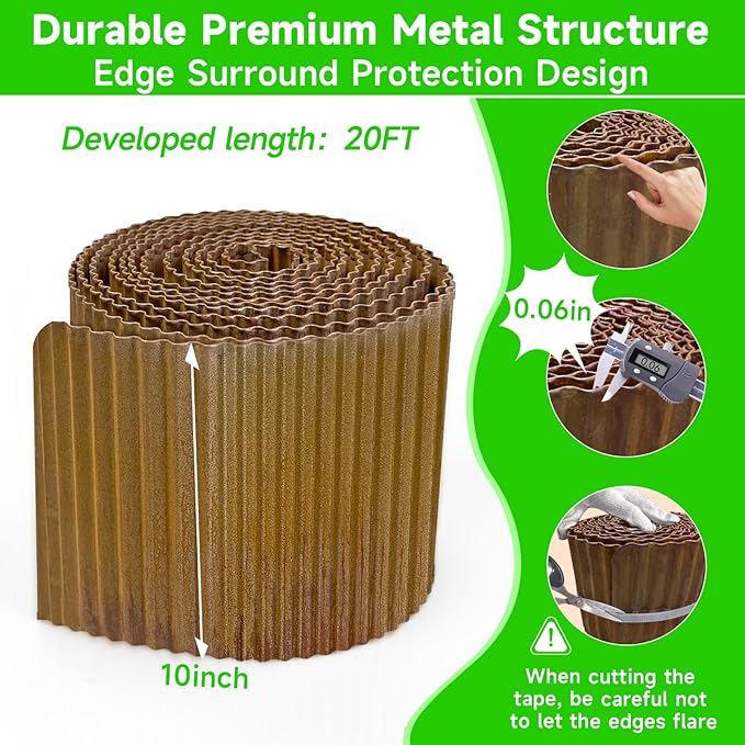 Corrugated Garden Edging,10"×20Ft Pre-Rusted Landscape Edging & Lawn Edging Border,Metal Garden Border for Flower Beds,Garden,Lawn,Raised Beds & Tree Surrounds