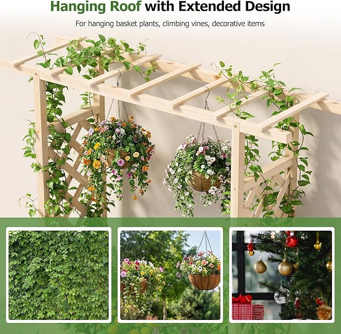 HAPPYGRILL 89" Raised Garden Bed with Trellis & Hanging Roof, Wooden Planter Box with 4 Drainage Holes, Outdoor Wood Elevated Garden Bed for Climbing Plants Vines Vegetables Flowers (Natural,2)