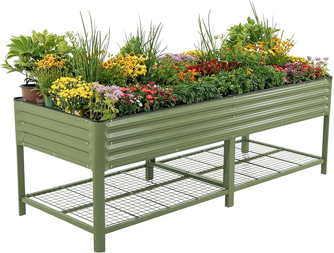Raised Garden Bed, 3' x 8' Elevated Outdoor Planters Boxes with Legs & Storage Rack for Patio, 2000+ Lbs Weight Capacity, Raised Beds for Gardening Herbs Vegetables Flowers, Olive Green