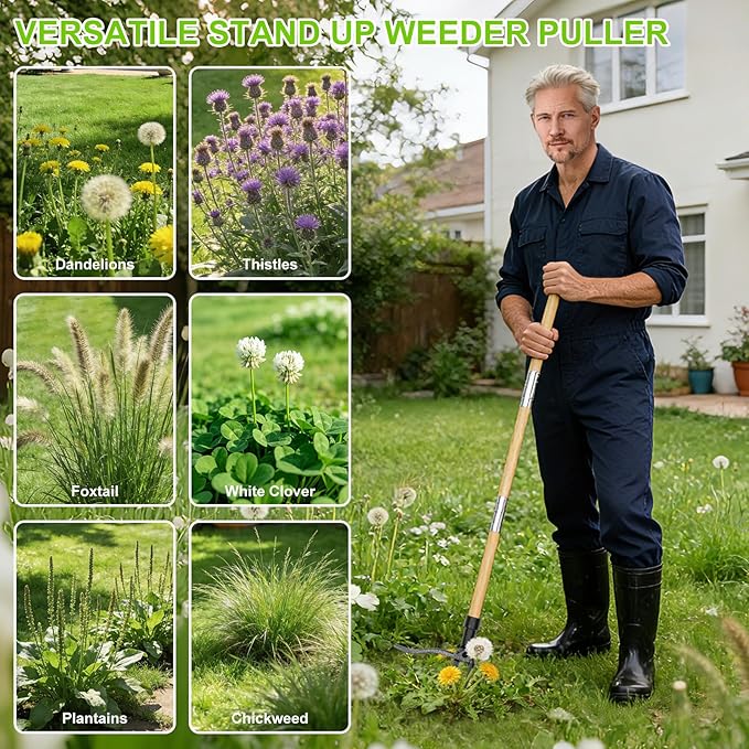Stand Up Weed Puller Tool - 4-Claw Steel Head, 31"-44.5" Adjustable Long Handle, Heavy Duty Garden Weeder with Foot Pedal, Easy Root Removal for Lawn, Yard, Garden & Flower Bed