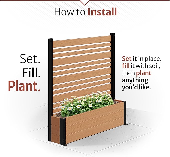 44in H x 46in W x 9.5in L (1 Screen w/Planter) Freestanding Enclo Florence Privacy Fence Screen with Planter Box, Outdoor Vinyl Privacy Screen Panel for Patio & Air Conditioner, EC18006