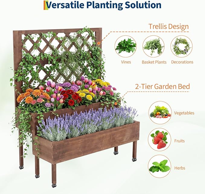 Garvee Raised Garden Bed with Trellis & Wheels, 2-Tier Outdoor Wooden Elevated Planter Box with Legs & Drainage Holes, Vertical Planter Box Stand for Backyard, Patio, Balcony, Brown