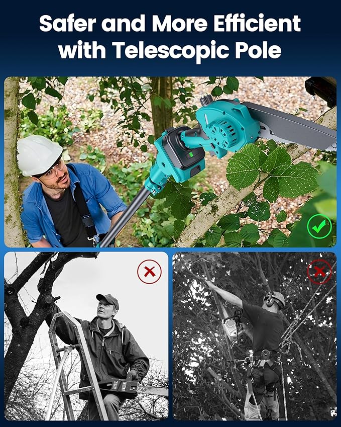 8" Electric Pole Saws for Tree Trimming,Brushless Mini Chainsaw Cordless with Extension Pole 2 Batteries, Battery Powered Hand Held Chain Saw Pole Pruner for Cutting Tree Limbs, Gifts for Father's Day