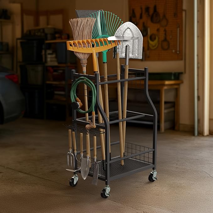Garage Garden Tool Organizer with Wheels - Yard Tool Storage Rack with 28 Slots for Long Handles, 10 Hooks, 2 Cord Wrappers, and Locking Wheels - Shed or Garage Organization by Pure Garden