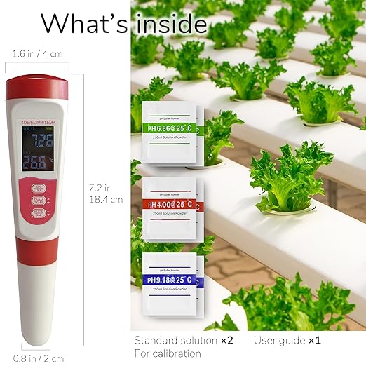 4-in-1 pH Meter TDS EC Meter for Hydroponics Growing System, Digital Water pH Tester for Hydroponic Nutrient Plant Food Solution, DWC Setup and Indoor Garden, Compatible with Aerogarden