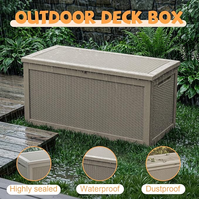 320 Gallon Outdoor Storage Deck Box Waterproof Resin Lockable Outside Bench Porch Patio Furniture Pool Float Garden Tool Cushion UV Resistant Bin Beige