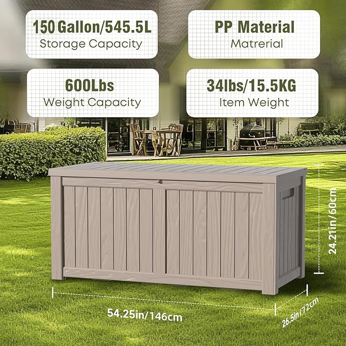 150 Gallon Deck Box,Resin Outdoor Storage Box with Lockable for Patio Furniture, Pool Accessories, Garden Tools Waterproof Outside Storage Box (Grey)