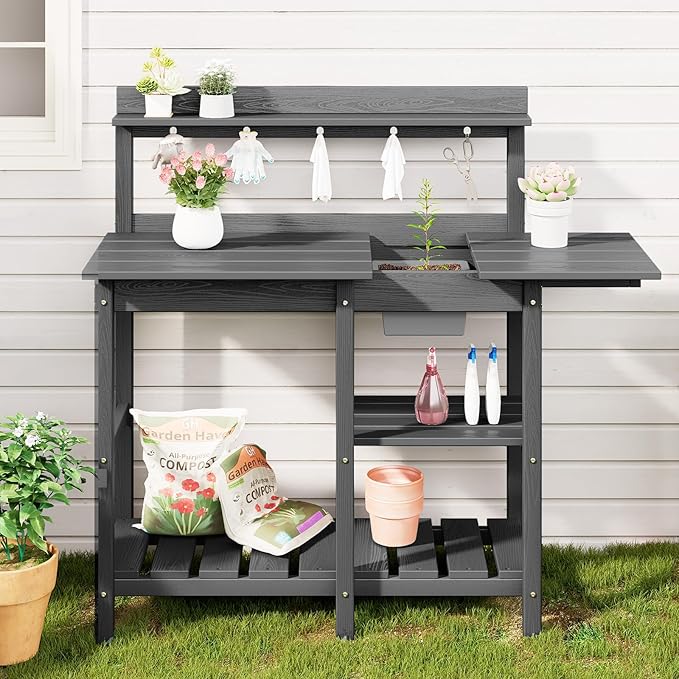 SERWALL Outdoor Potting Bench with Removeable Sink,Rot-Resistant HDPE Potting Table for Outside Gardening, All Weather Use - Gray