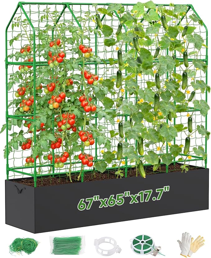Cucumber Trellis with Grow Bag for Raised Bed, A-Shape Garden Trellis for Climbing Plants Outdoor, Metal Plant Trellis with Garden Netting for Flower Vegetables, Pea, Grape (67 * 17 * 65inch(L*W*H)