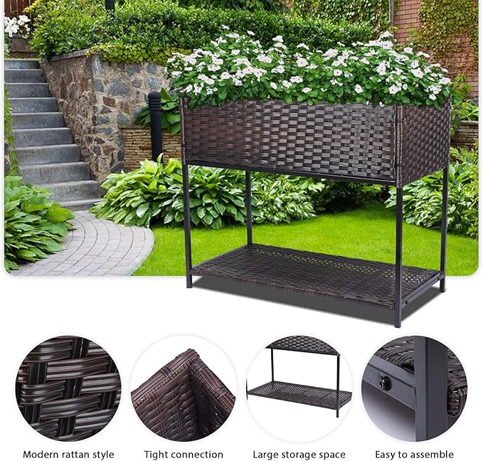Raised Garden Bed - Rattan Raised Bed Wicker Elevated Raised Garden Bed with Underneath Tool Storage Rack Outdoor Raised Planter Box