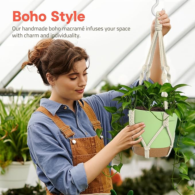 Green Hanging Self Watering Pots with Macrame Ivory Rope, 3 Pack Indoor & Outdoor Hanging Plant Pots with Built-in Reservoir, Wick Rope, Drainage Holes & Hooks, Stylish Boho Decor Hanging Planter