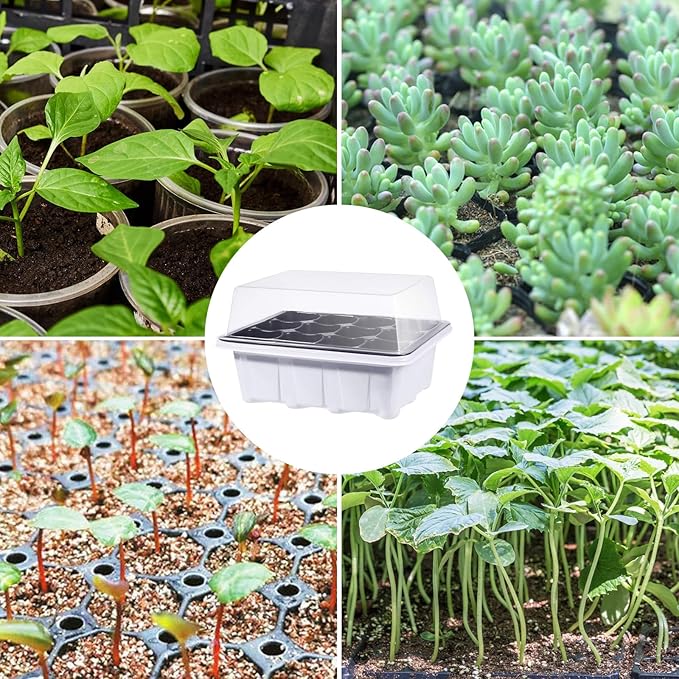 Seed Starter Tray, 12 Pack 144 Cells Thicken Seed Starter Kit Seed Starter with Humidity Dome Seed Starting Trays Plant Starter and Base Mini Greenhouse Germination Kit (White)