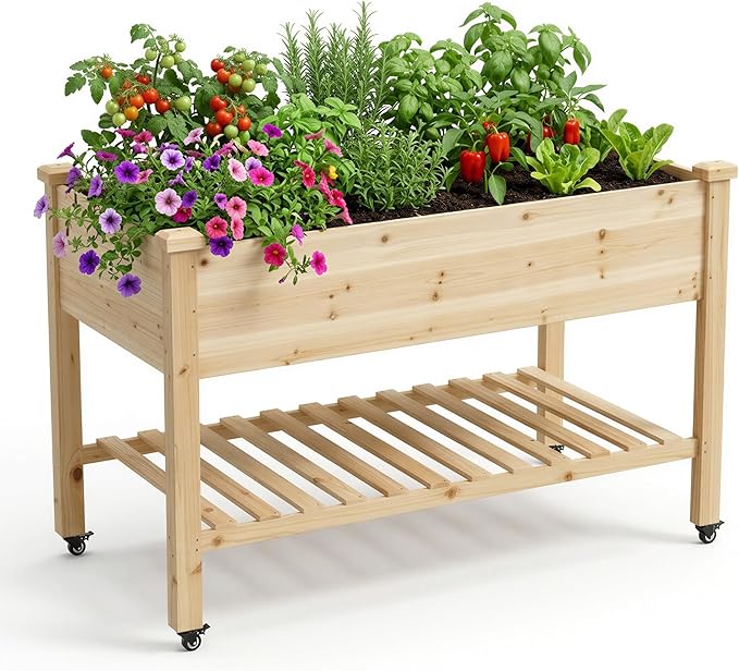 Raised Garden Bed with Lockable Wheels, 48 x 24 x 32 Inch Wooden Planter Box with Storage Shelf, 300 lb Capacity Mobile Outdoor Planter for Vegetables, Flowers, Herbs, Natural Wood