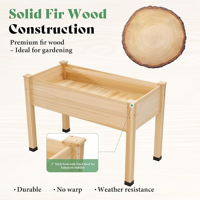 AMERLIFE Raised Garden Bed, 48x30x24 Inches Elevated Wood Planter Box with Bed Liner, Legs, Divider, Drainage Holes, Stand for Backyard, Patio, 200 Lb Capacity - Light Wood