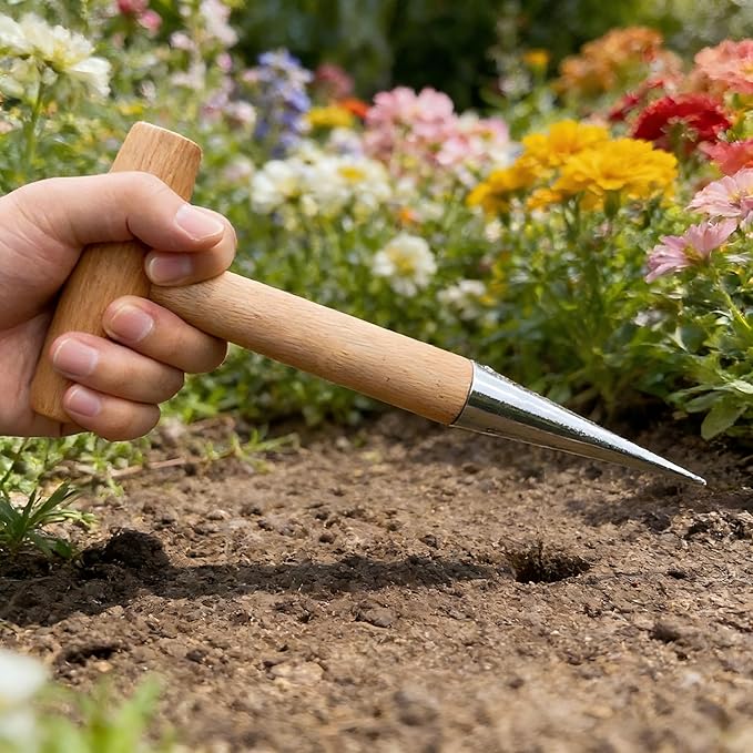 Seed Dibber Planter Tool, Bulb Hand Dibbler Gardening Tool with Depth Markings, 11'' Garden Wooden T-Handle Bulb Planting Tool with Metal Tip for Garlic, Tulips, Daffodils, Vegetable & Flower