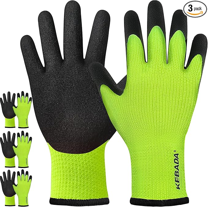 Kebada T3 Winter Work Gloves for Men and Women, Warm Knit Cold Weather Work Gloves, Thermal Insulated Freezer Gloves, 100% Latex Coating Non-slip Grip, Long Wrist Design, 3 Pairs, Green, Large