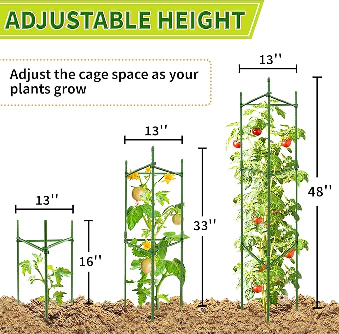 63-Inch Heavy Duty Tomato Cages, 6-Pack Extra Tall Metal Tomato Trellis, Steel Tube Plant Cage for Indeterminate Tomatoes, Cucumbers, Pole Beans – Rust-Proof Coated