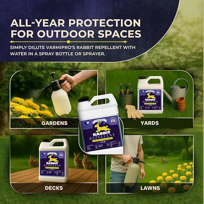 VarmiPro Rabbit Repellent Spray Concentrate - 32 fl oz Natural Outdoor Rabbit Deterrent for Yard, Garden, Lawn, Trees, and Plants - Safe for Pets, Animals, Flowers, Shrubs, and Flower Beds