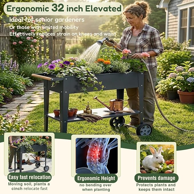 Raised Garden Bed Outdoor with Wheels, Leg and Wooden Handle, 29.5x13.4x32.3in, 350lb Cap, Metal Elevated Raised Planter Box for Herb, Vegetable, Perfect for Backyard, Balcony, Light Black