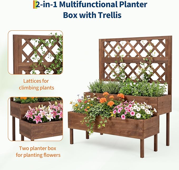 Garvee Raised Garden Bed with Trellis, 2-Tier Outdoor Wooden Elevated Planter Box with Legs & Drainage Holes, Vertical Planter Box Stand for Backyard, Patio, Balcony, Brown