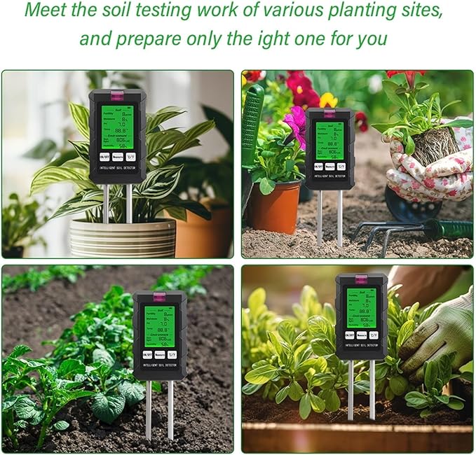 Soil PH Tester,Digital Soil Tester PH/Fertility/Moisture/Sunlight/Air Humidity/Temp Soil PH Meter for Gardening for Garden,and House/Outdoor Plants
