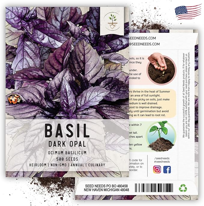 Seed Needs Opal Basil Seeds for Planting Red Basil Plants - Non-GMO Heirloom & Untreated Herb Seeds to Plant an Indoor or Outdoor Culinary Kitchen Garden (2 Packs)