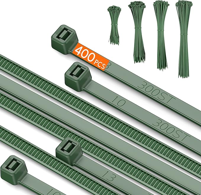 PA66 Green Zip Ties, 400pcs 12+10+8+4 Inch Heavy Duty Cable Zip Ties, Premium Self-locking Nylon Cable Plastic Ties Decoration Tie Wraps for Christmas Tree Holiday Lights Gardening Plants Grid Wall