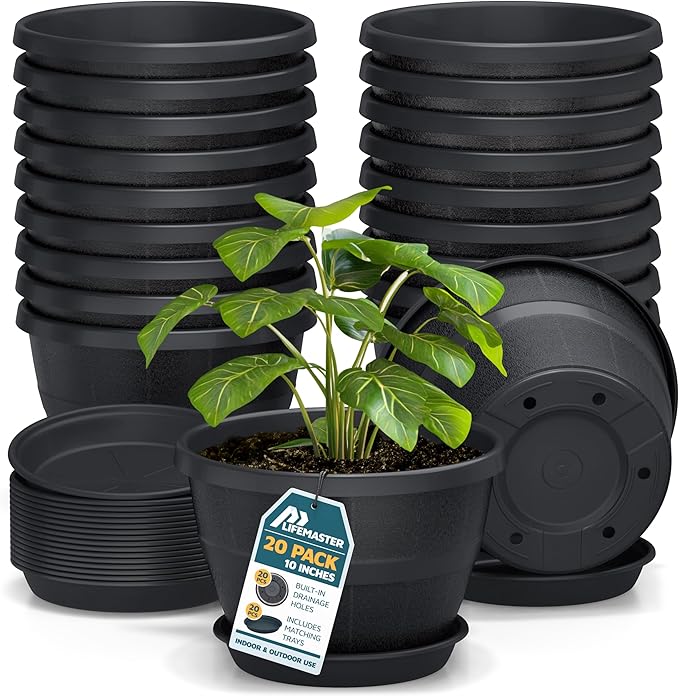 10-Inch Whiskey Barrel Planters Outdoor Pack of 20 - Durable Plastic Plant Pots for Indoor & Outdoor Use with Drainage & Saucer, Lightweight Rustic Barrel Planters for Flowers, Herbs & Small Plants