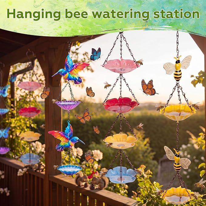 Tandefio 2 Pack Hanging Bee Watering Station for Outdoor Garden, Butterfly Feeder with Flower Bowl, Pollinator Feeding Station for Yard Patio, Bee Bath for Gardeners(Bees & Flower Style)