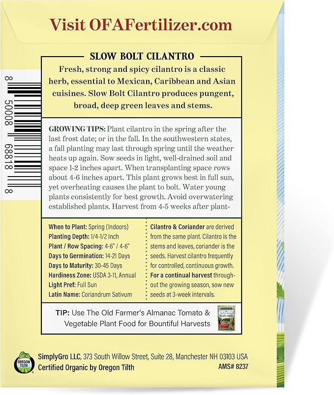 The Old Farmer's Almanac Heirloom Organic Cilantro Seeds (Slow Bolt) - Approx 200 Seeds - Certified Organic, Non-GMO, Open Pollinated, Heirloom, USA Origin
