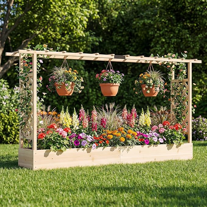 Giantex Wooden Raised Garden Bed with Trellis & Hanging Roof, Fir Wood Planter Box, 45” Freestanding Elevated Garden Bed for Outdoor Climbing Plants Vegetables Flowers, Patio & Balcony, Natural
