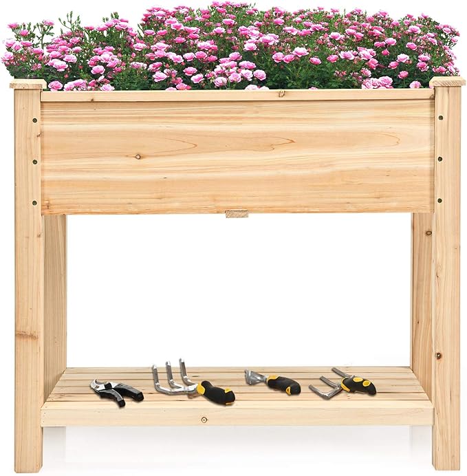 S AFSTAR Raised Garden Bed with Storage Shelf, Elevated Cedar Wood Planter Box with Legs, Outdoor Gardening Planting Bed for Vegetables Flower Herb Grow, Great for Backyard Patio Lawn
