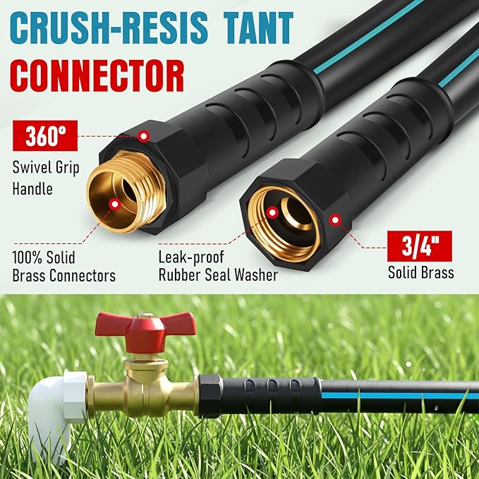 Heavy Duty Garden Hose 35 ft, NON-EXPANDABLE Water Hose with 10 Function Spray Nozzle, Lightweight Kink-less Hybrid Hose with Swivel Handle, Male to Female Fittings